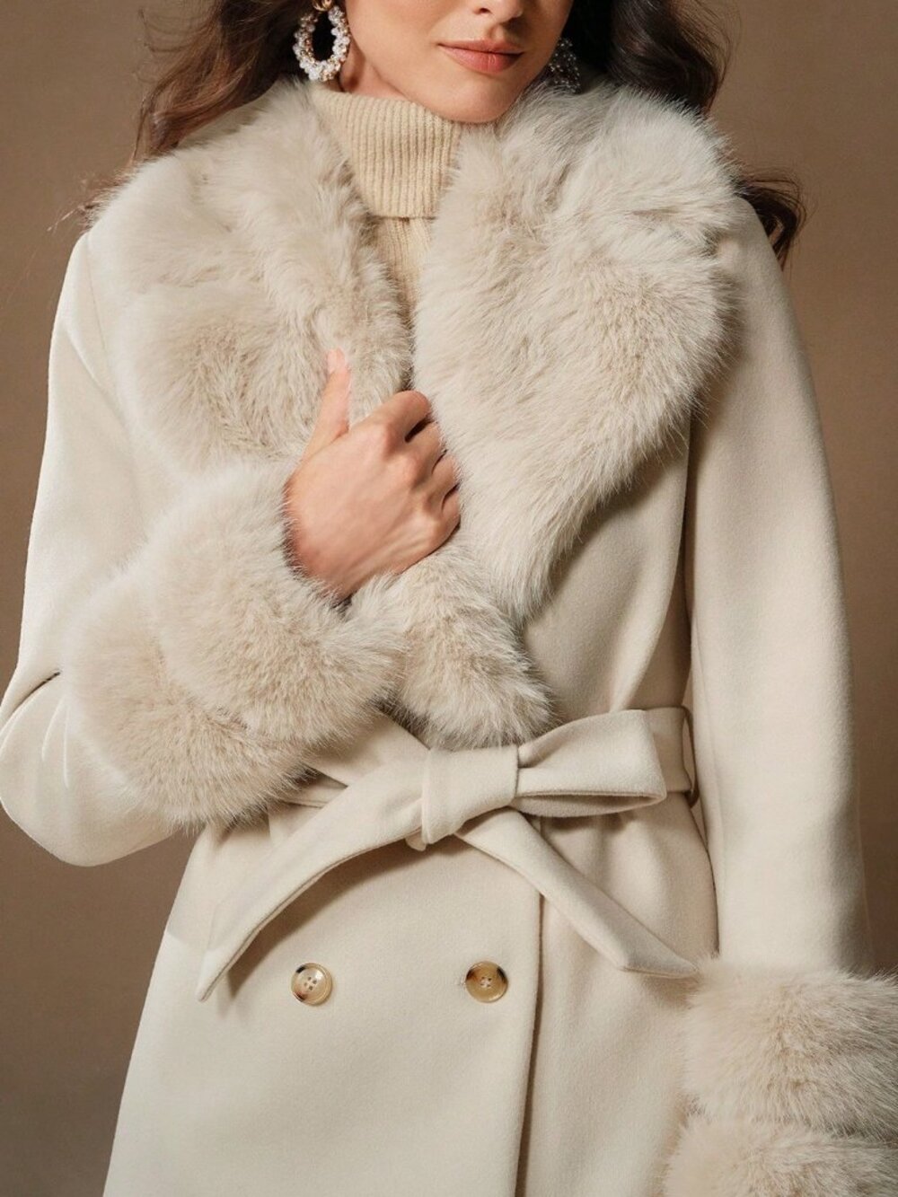 Beige Elegant Women's Fluffy Collar Thick Warm Long Belted Knitted Coat - Picture 7 of 8